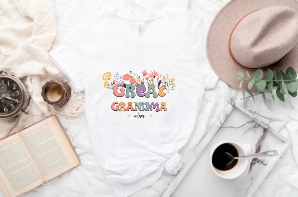 T-Shirt - Grandma With Flowers And Grandchildren