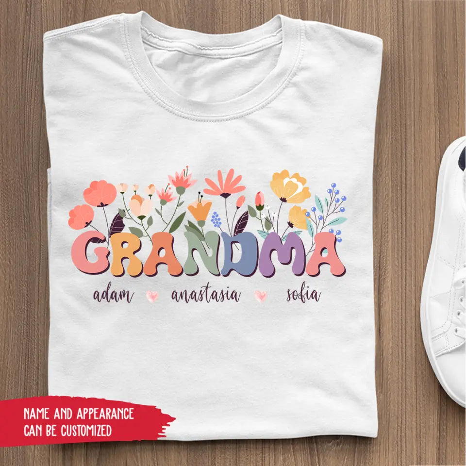 T-Shirt - Grandma With Flowers And Grandchildren