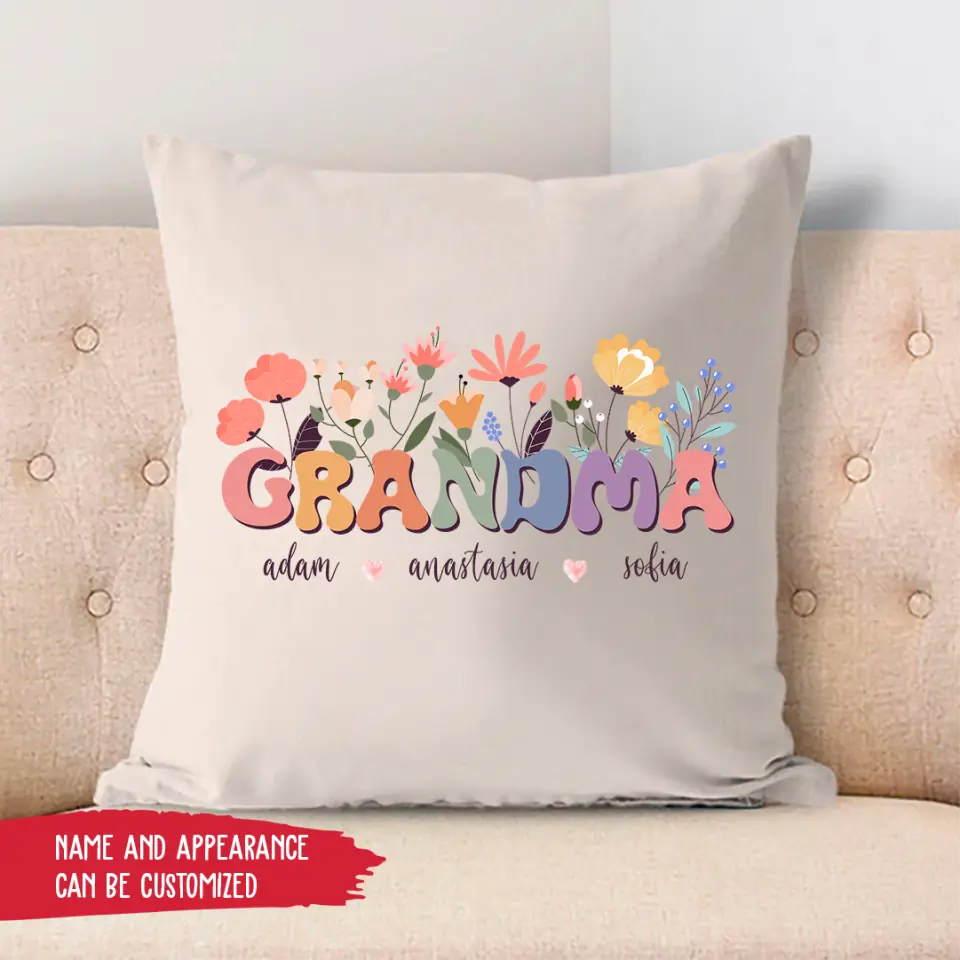 Pillow Case - Grandma With Flowers And Grandchildren